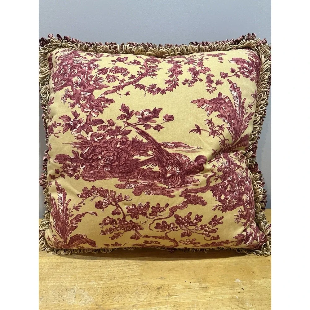 Throw Pillow Spice Red‎ Gold French Country Toile Bird Fringe 20x20
